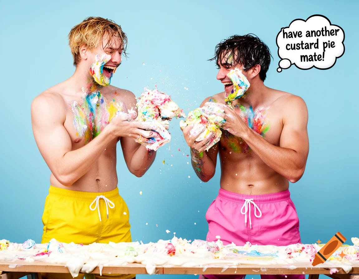 Two laughing shirtless men covered in colorful whipped cream. One has a speech bubble saying "have another custard pie mate!"