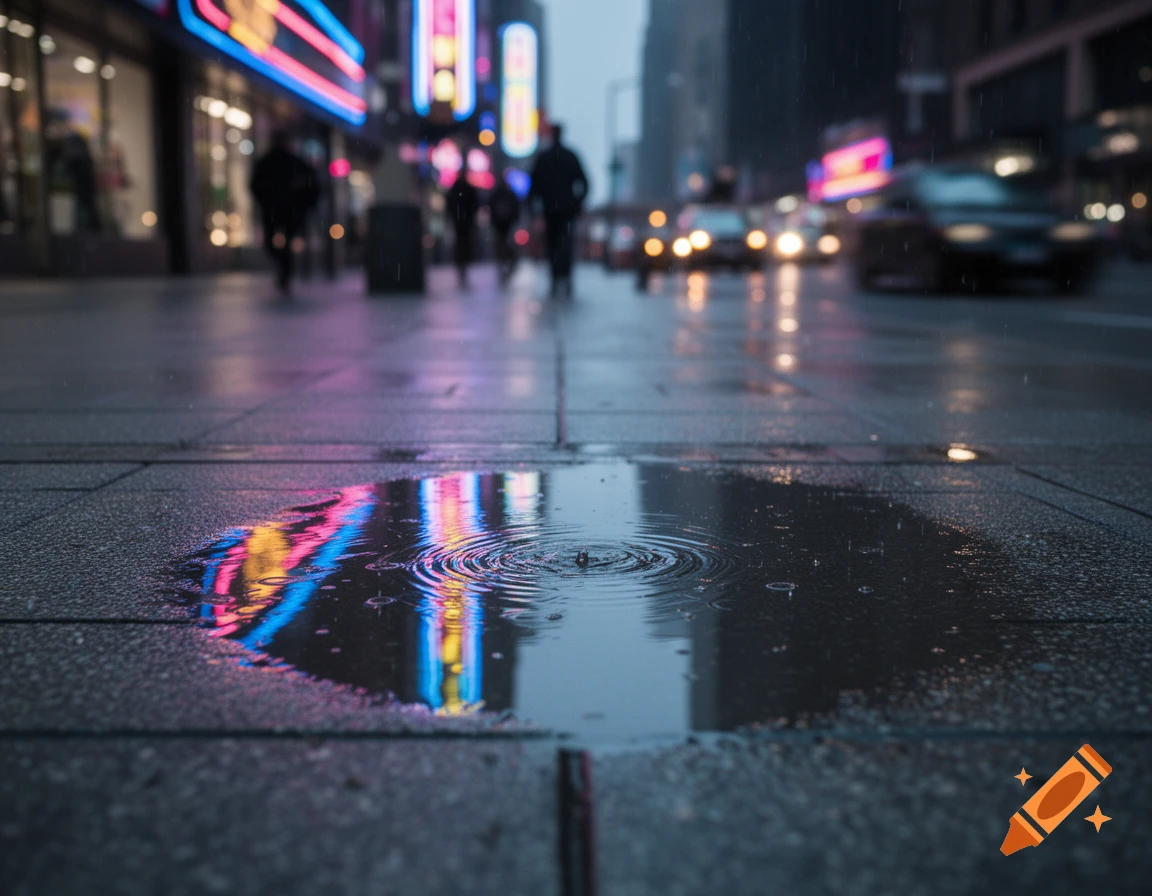 A close-up of a city sidewalk puddle reflecting colorful neon lights on a rainy evening, with blurred cars and pedestrians in the background.