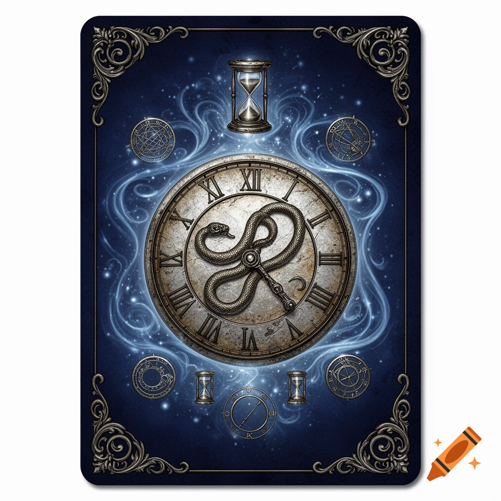 Ornate blue fantasy card back featuring a central clock with a coiled snake, hourglasses, and mystical symbols with glowing wisps.