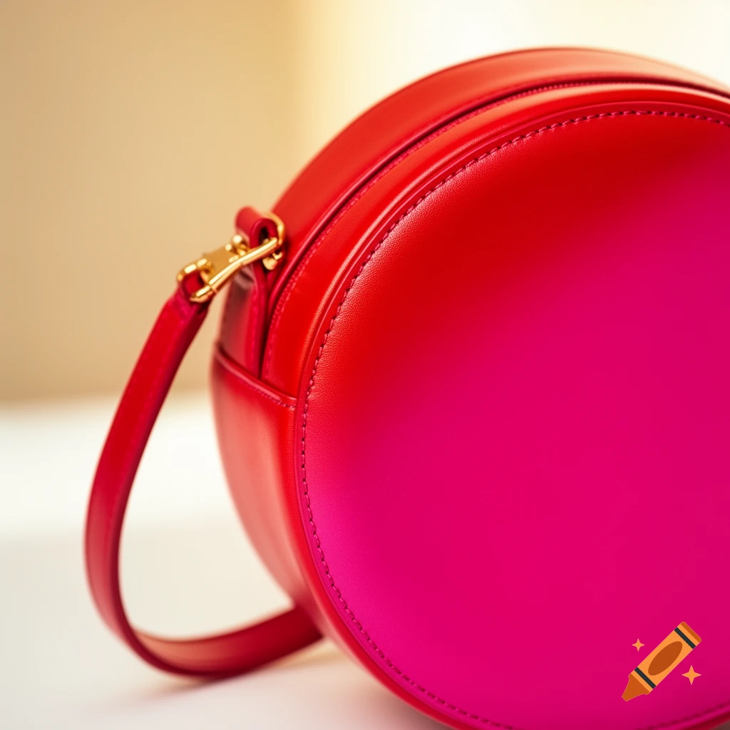 Close-up of a round leather handbag with a red to fuchsia gradient, gold hardware, and a strap, on a light background.