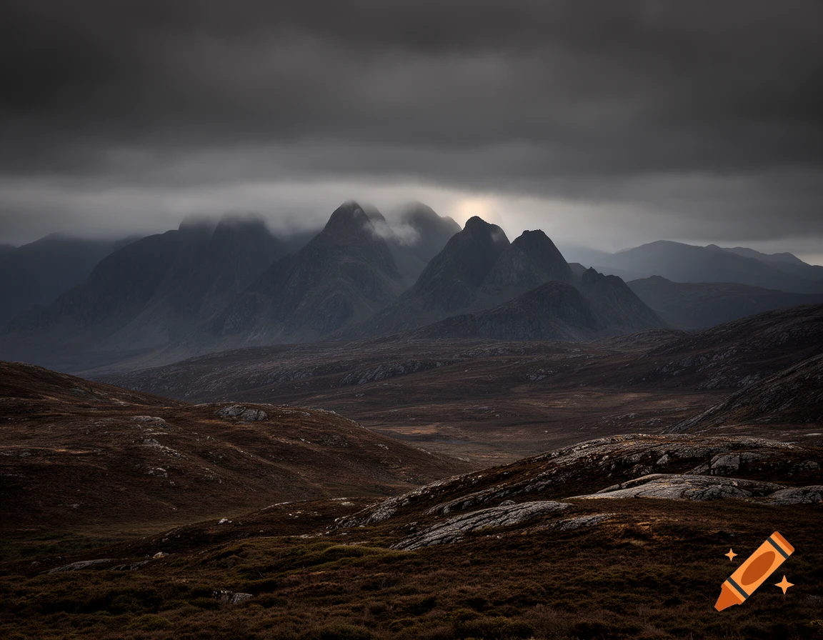 A dark, moody landscape featuring rugged mountains partially obscured by clouds under a dramatic sky, with a foreground of brown, rocky terrain.
