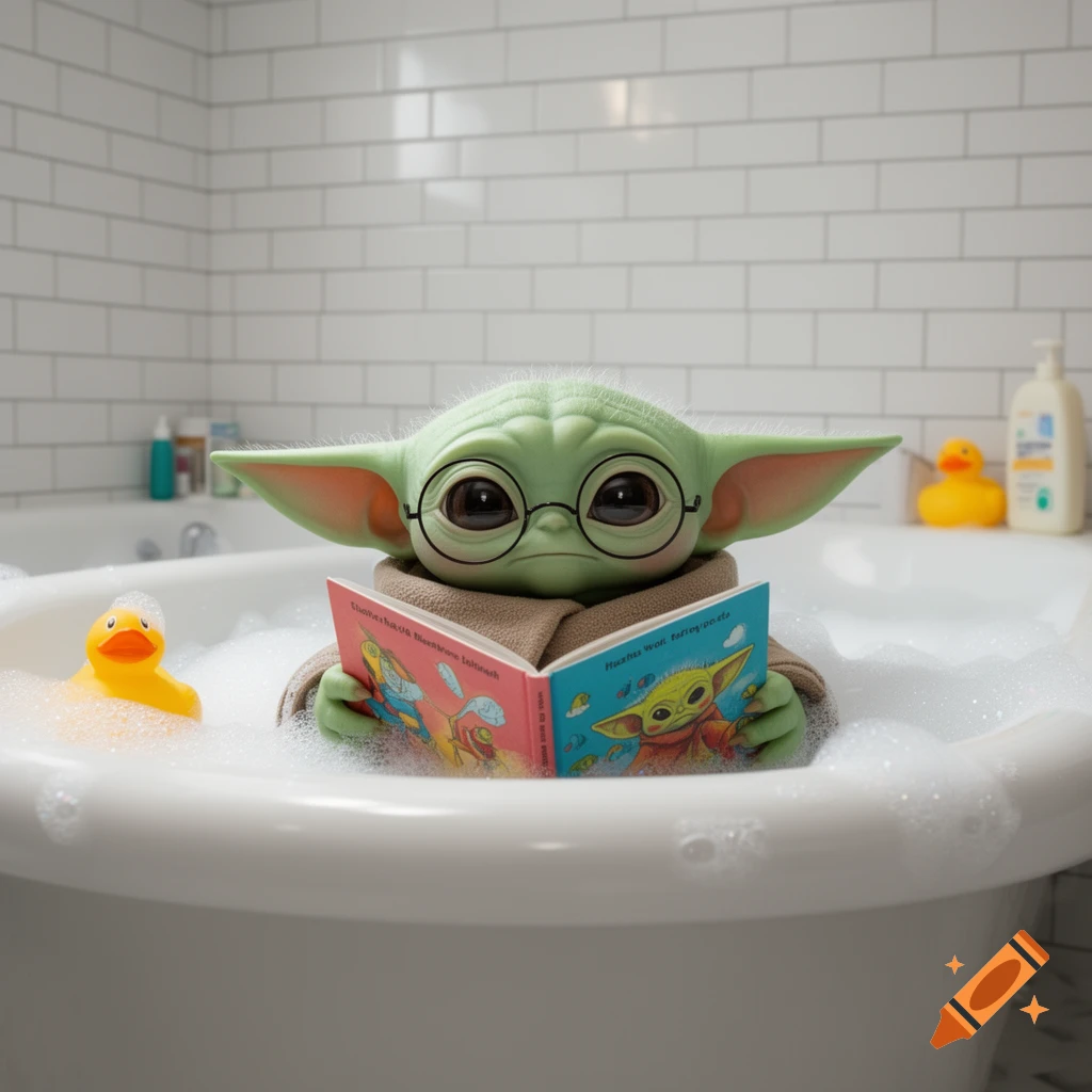 Grogu in a bubble bath, wearing glasses and reading a book, with a rubber duck nearby, in a photorealistic style.
