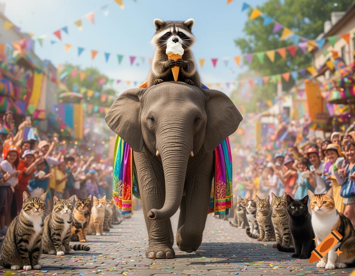 A raccoon eating an ice cream cone rides an elephant through a vibrant parade, while a line of cats watches from the street.