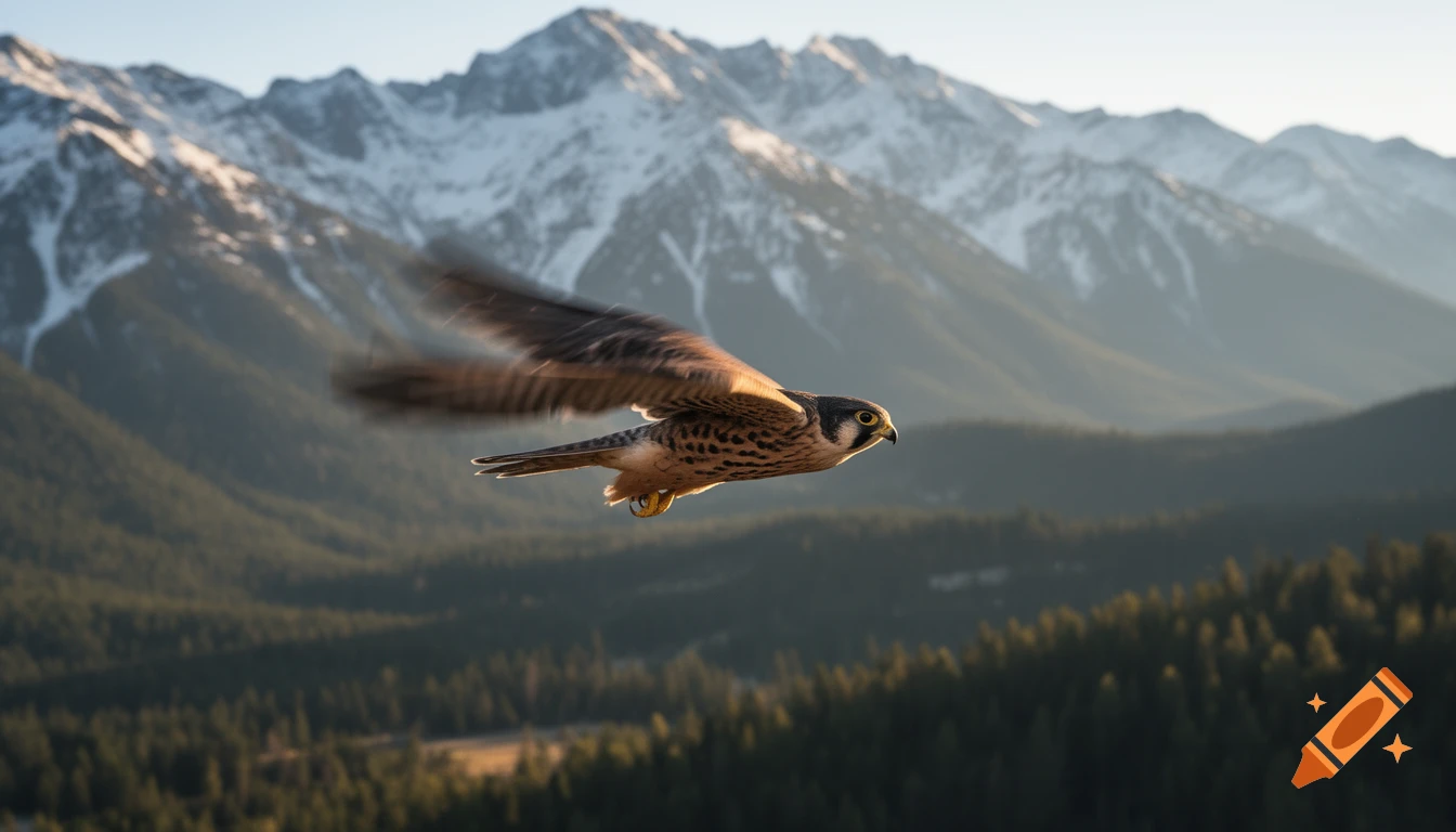 A brown and white falcon in flight, wings blurred, soaring over sunlit snow-capped mountains and green forests.