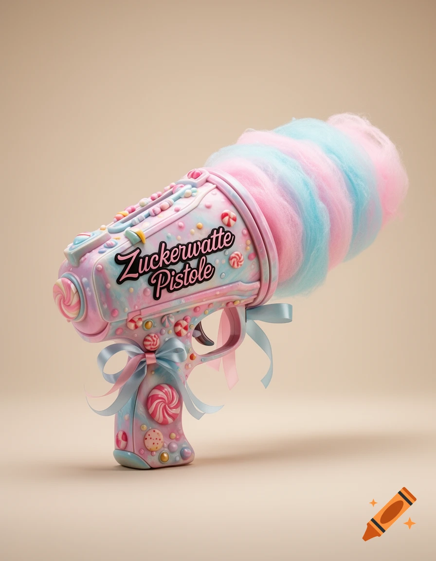 A candy-decorated pistol with a pink and blue cotton candy barrel, adorned with sweets and ribbons, against a plain background.