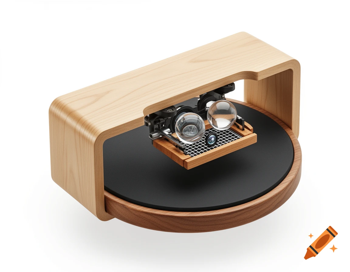 Photorealistic, highly detailed drum practice tool made of light beech wood with a black pad and glass spheres on a white background.