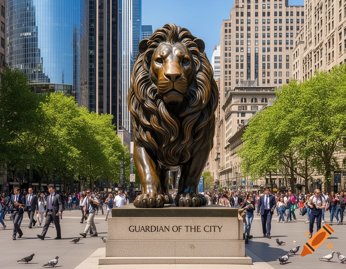 A large bronze lion statue on a pedestal in a bustling city square, surrounded by pedestrians, tall buildings, and green trees.