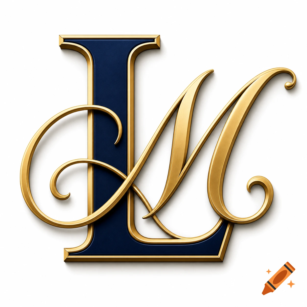 Elegant gold and dark blue monogram of the intertwined capital letters L and M on a white background.