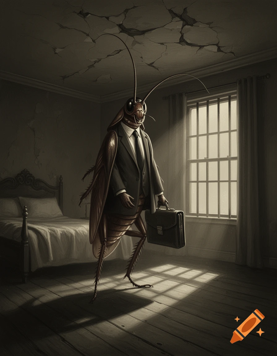 A giant cockroach in a suit holds a briefcase in a dimly lit, cracked Victorian bedroom, lit by moonlight through a barred window.