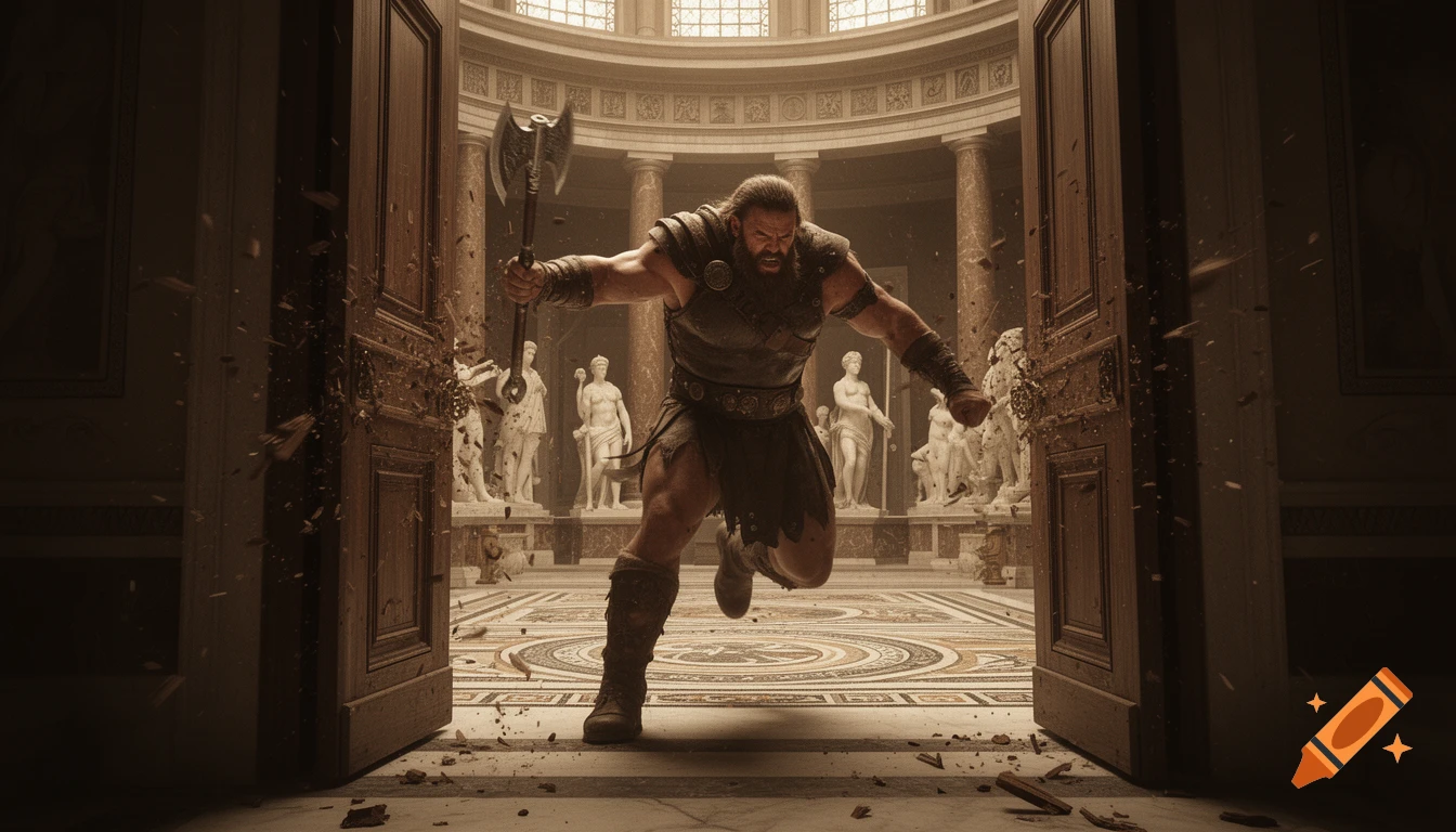 A massive barbarian warrior wielding a double-headed axe bursts through an ornate wooden door into a Roman atrium with statues.