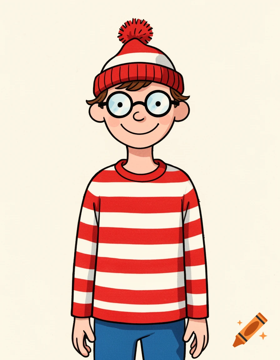 A cartoon illustration of Waldo (Walter) wearing a red and white striped shirt and hat with a pompom, blue pants, and round glasses, smiling.
