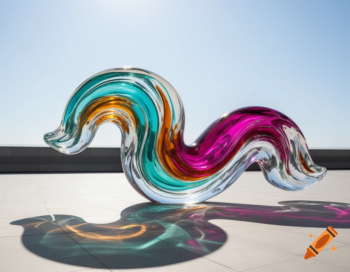 An abstract, wavy glass sculpture with swirling teal, amber, and magenta colors casts colorful shadows on a tiled ground under a bright sky.