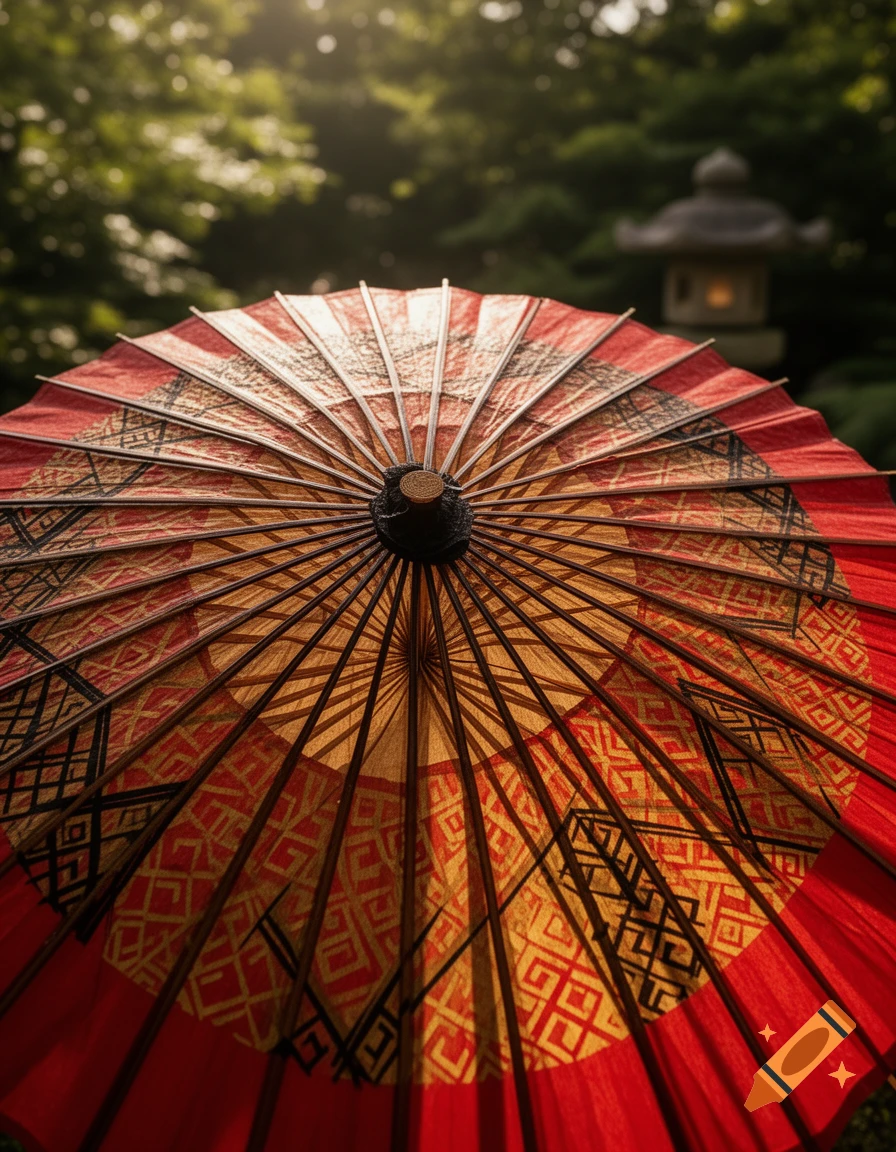 Close-up of a traditional Japanese umbrella with intricate red, black, and gold patterns, set in a blurred green garden with a stone lantern.