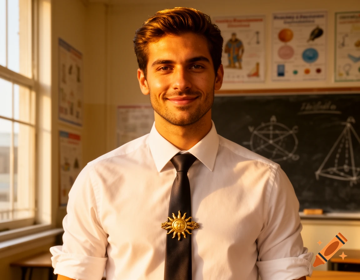 A smiling man in a white shirt and black tie with a sun emblem brooch stands in a sunlit classroom.
