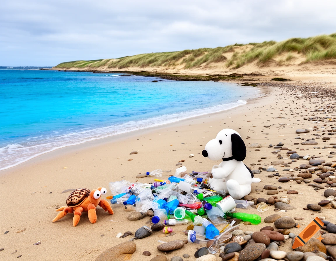 A Snoopy plush sits next to a pile of plastic trash with a hermit crab plush on a sandy beach by the ocean and dunes.