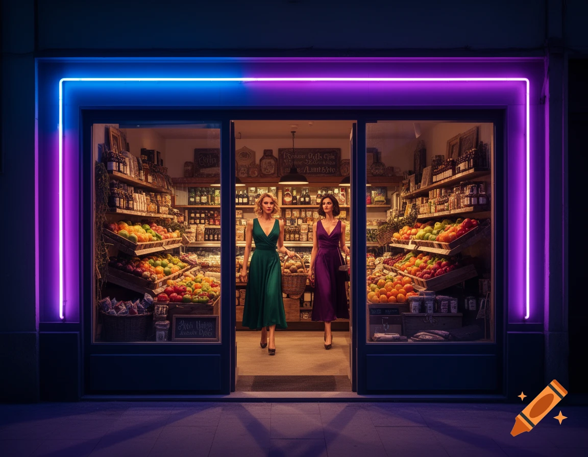 Two women in dresses leaving a brightly lit grocery store at night, framed by blue and purple neon lights.