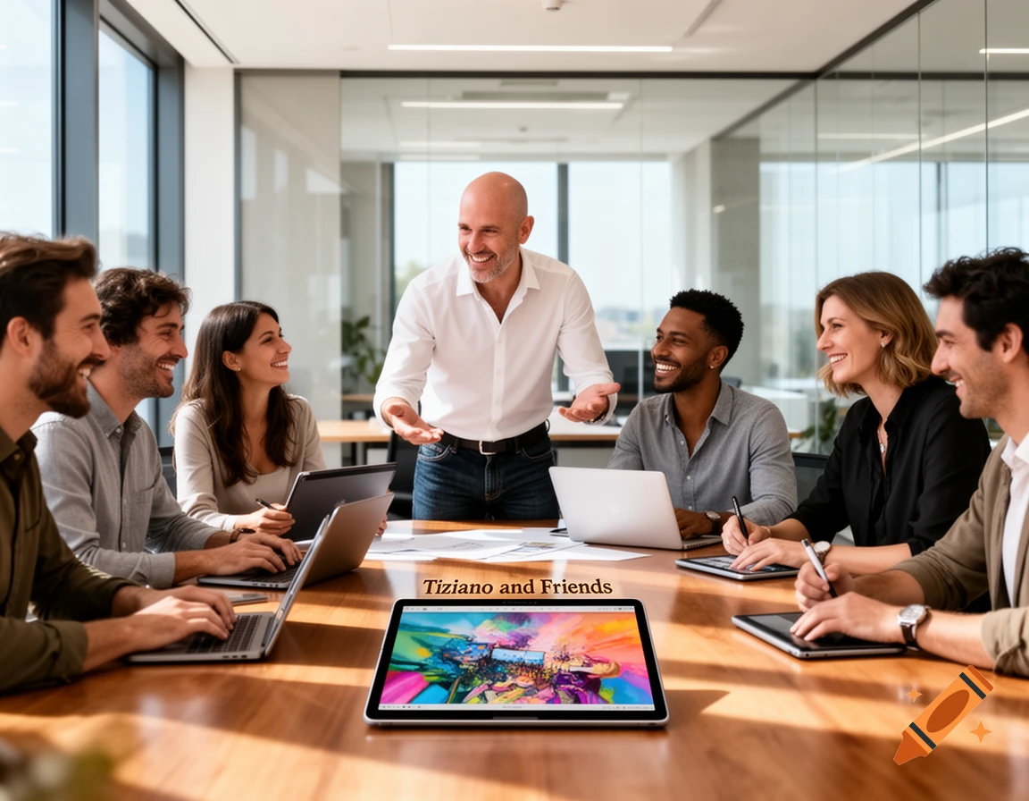 A diverse group of smiling colleagues in a modern office meeting, with a bald man standing and gesturing at the table.