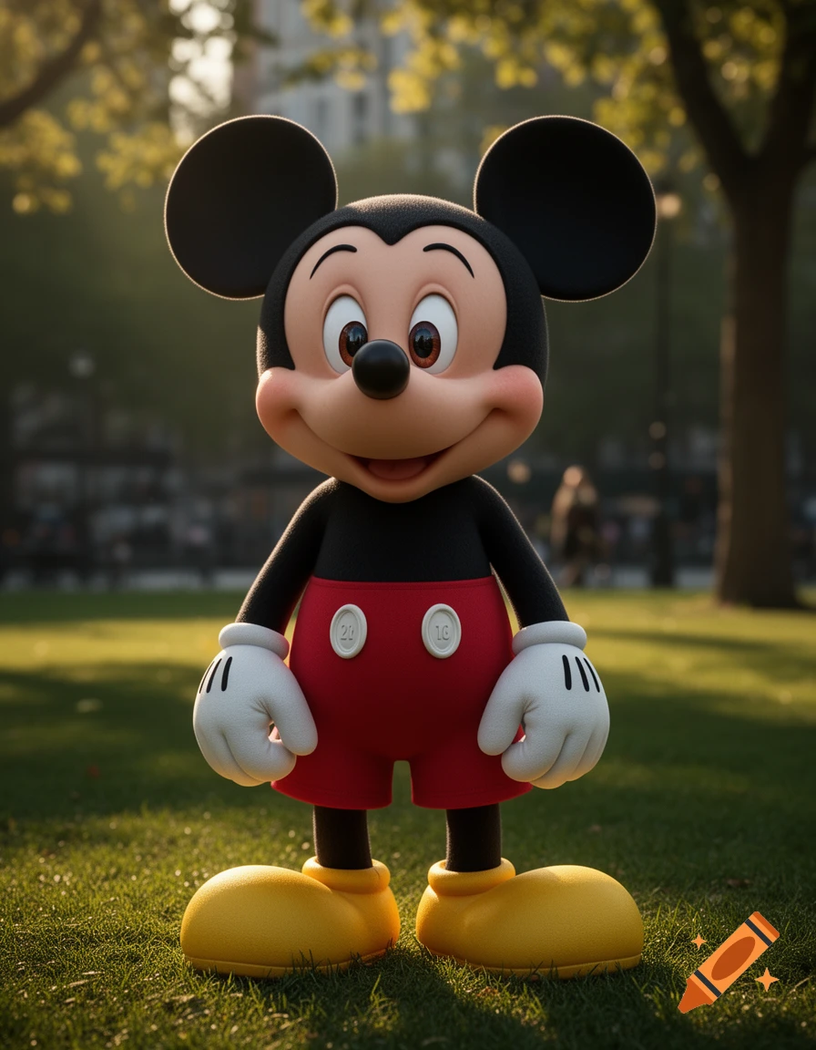 A 3D render of Mickey Mouse standing in a sunny park with green grass and trees.