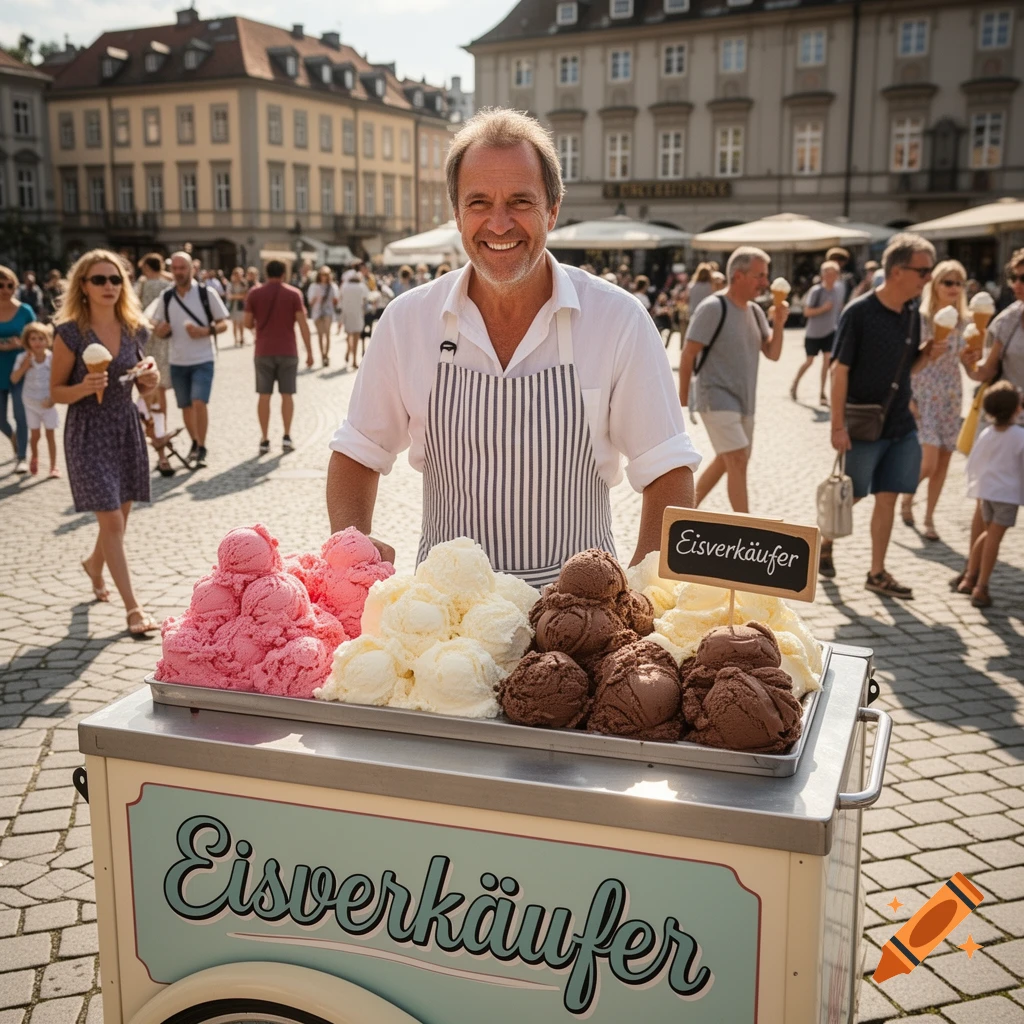 A smiling ice cream vendor stands behind a cart filled with scoops of ice cream in a sunny European town square.