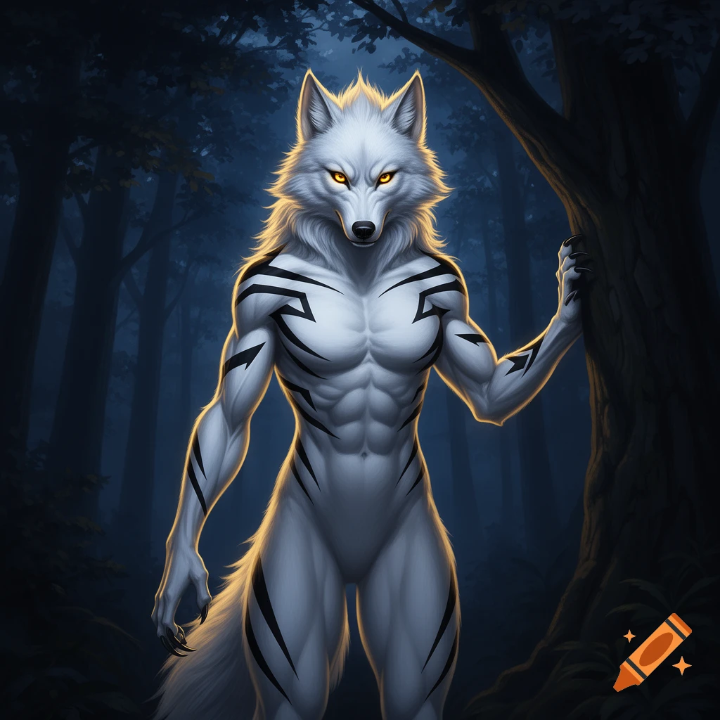 Muscular white werewolf with black markings and glowing gold eyes stands in a dark forest.
