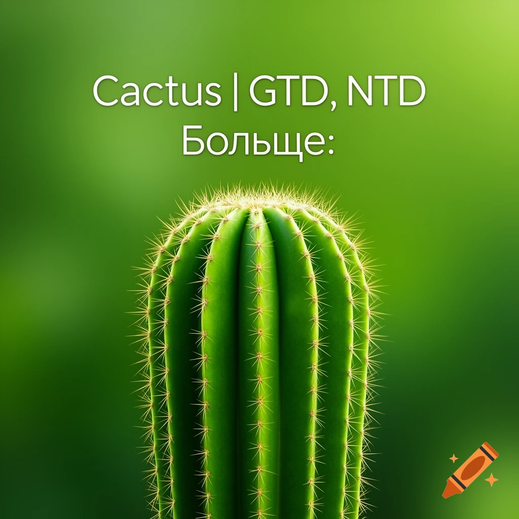 Close-up of a green cactus with sharp yellow spines against a soft green background, with white text 'Cactus | GTD, NTD Больше:' at the top.