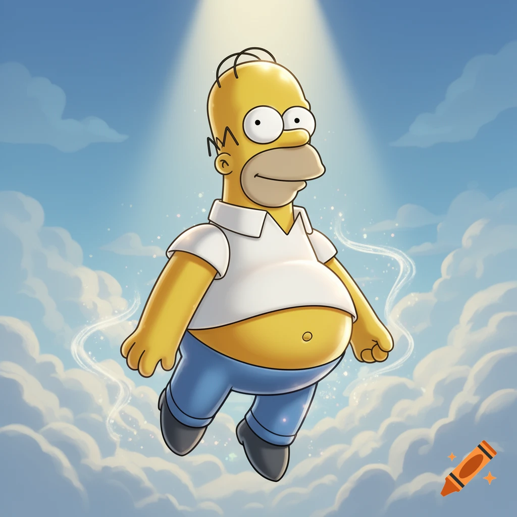 Cartoon Homer Simpson, inflated, floats in a blue sky with white clouds and a beam of light.