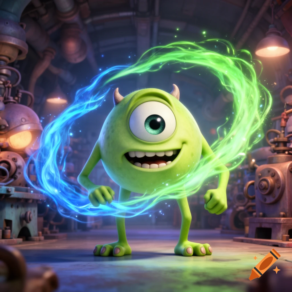 Mike Wazowski stands in a dimly lit factory room, surrounded by swirling blue and green energy.