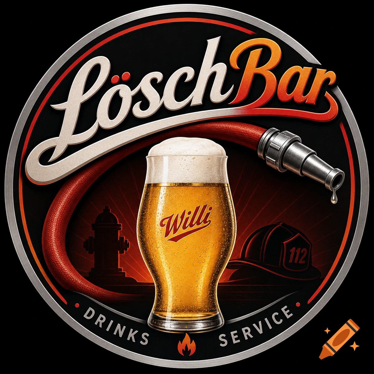 Circular logo for 'LöschBar' with a beer glass, fire hose, hydrant, and firefighter helmet on a black background.