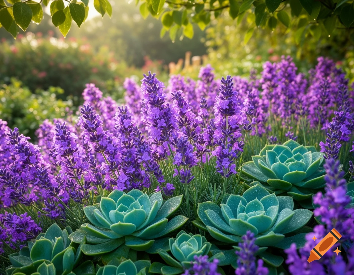 A close-up, photorealistic view of a vibrant garden with lush purple lavender flowers and green succulents under dappled sunlight.