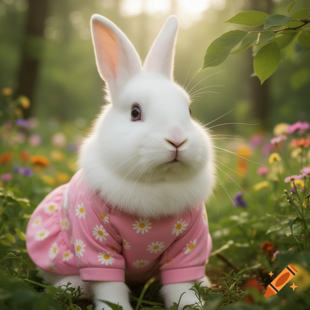 A fluffy white rabbit wearing a pink dress with white daisies sits in a field of colorful flowers, with sunlight filtering through trees.