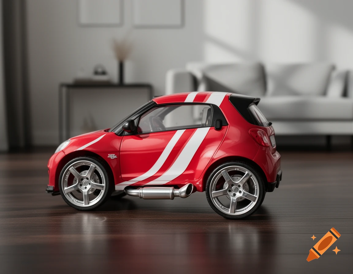 A red and white toy car with rally stripes and chrome exhaust sits on a wooden floor, with a blurred living room in the background.