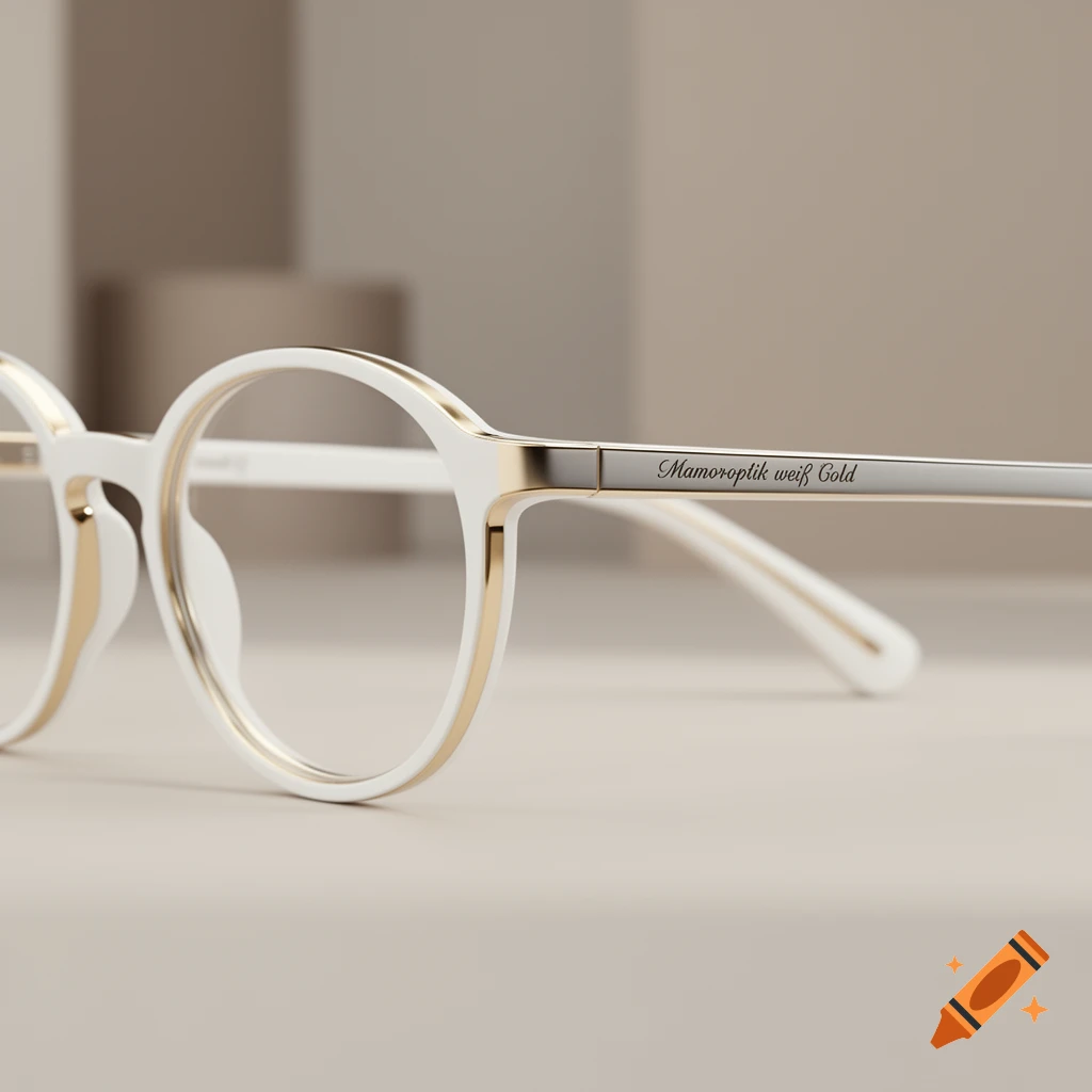 Close-up of stylish white and gold round glasses with text on the temple, resting on a light surface.