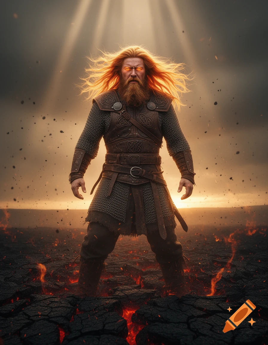 A powerful Viking warrior with fiery hair and glowing eyes stands on cracked, lava-filled ground under a dramatic, sunlit sky.
