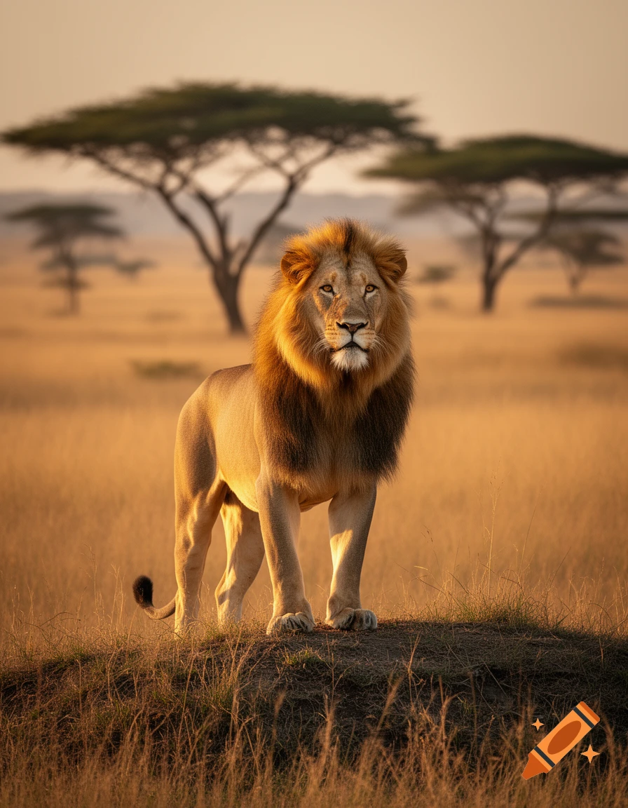 Photorealistic image of a majestic male lion standing on a grassy mound in a golden savanna at sunset, with acacia trees in the background.