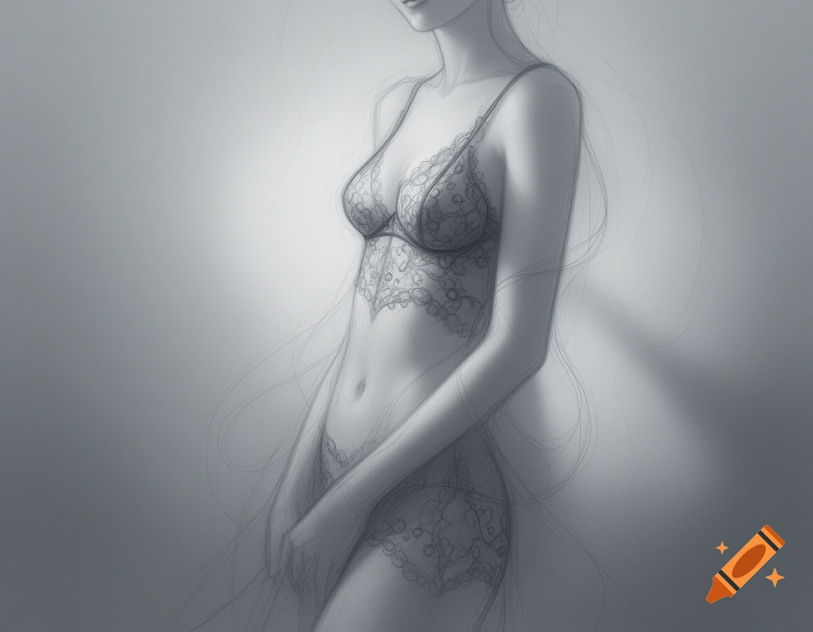 Grayscale sketch of a woman from the chest to upper thighs, wearing lace lingerie. Her hands are clasped near her hips.