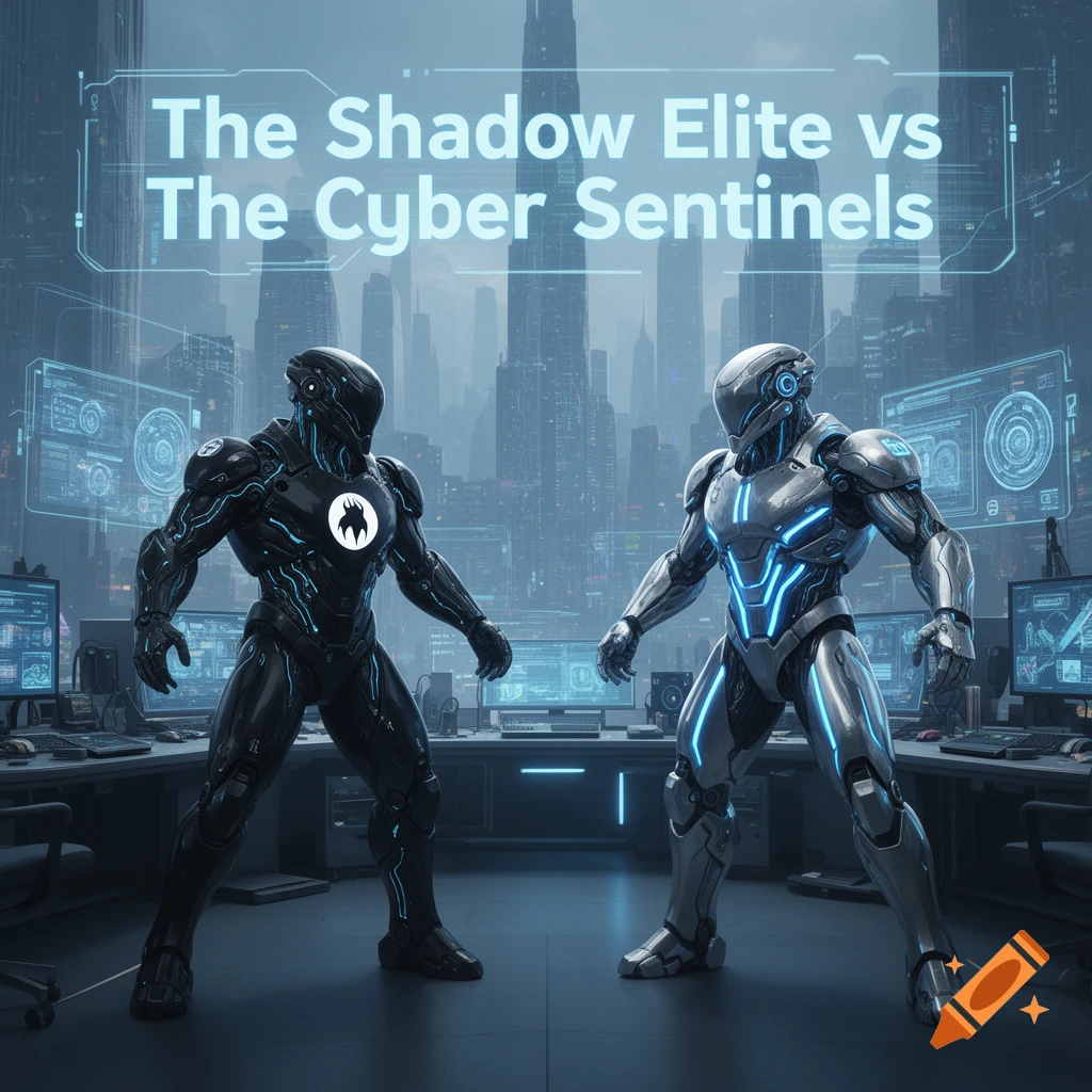 Two futuristic armored figures, one black and one silver, stand in a high-tech city with digital interfaces, under a title 'The Shadow Elite vs The Cyber Sentinels'.