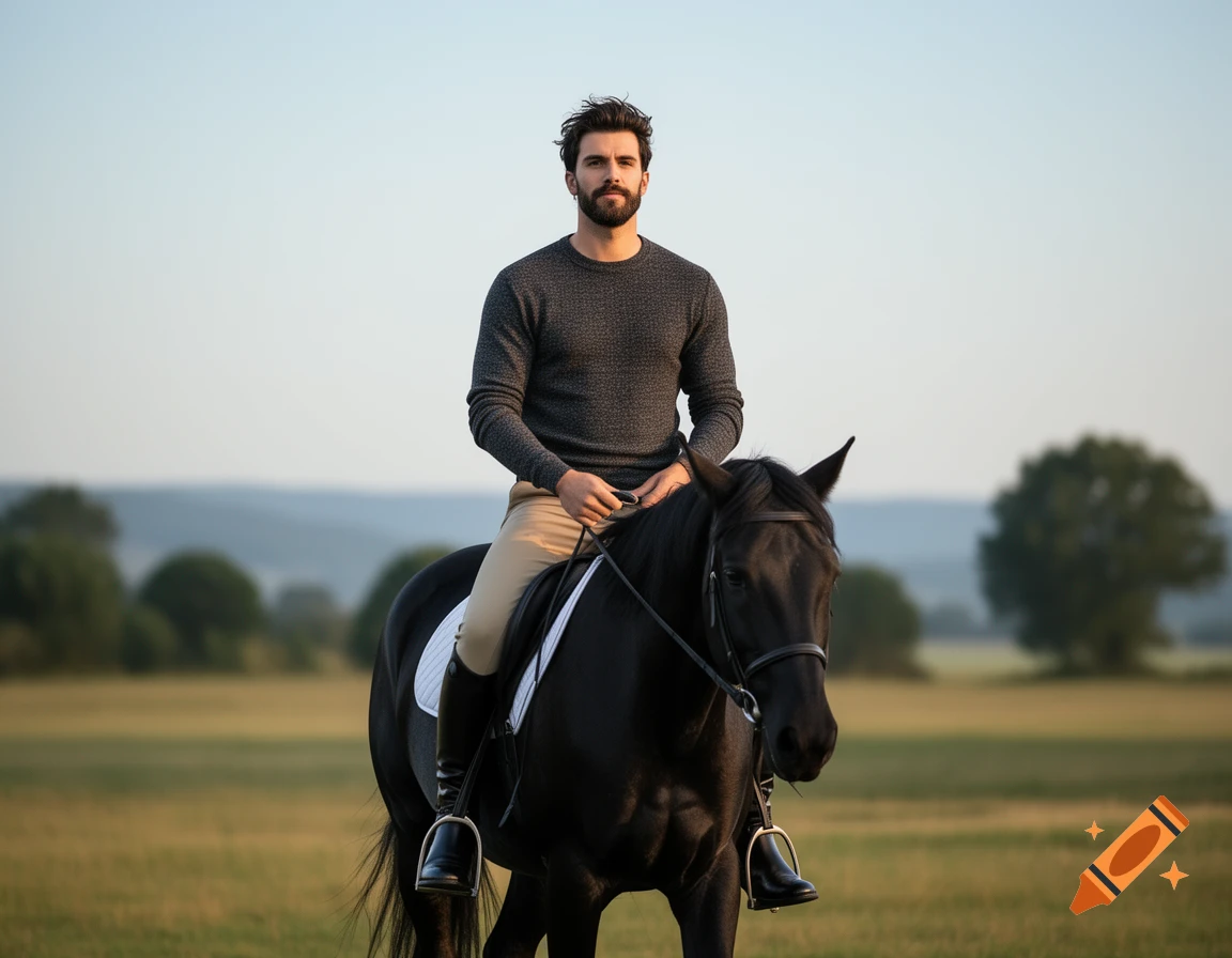A man with a short beard sits on a black horse in a grassy field with trees in the background.