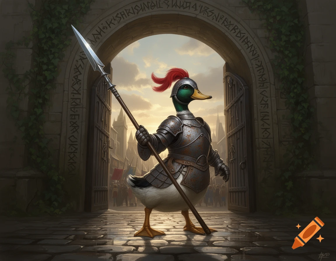 An armored duck with a spear stands guard at a medieval city gate with runes carved in the archway, a crowd visible beyond.