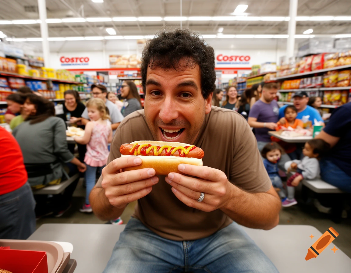A smiling man, resembling Adam Sandler, holds a hot dog with ketchup and mustard in a busy Costco store.