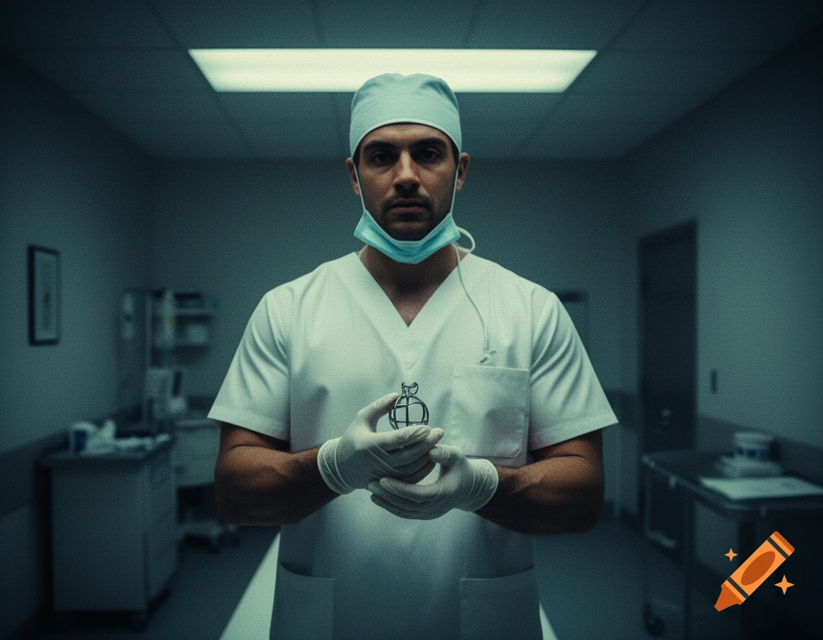 Vhs-style photo of a muscular doctor in scrubs and cap, mask around neck, holding a small metallic object in an eerie hospital room.