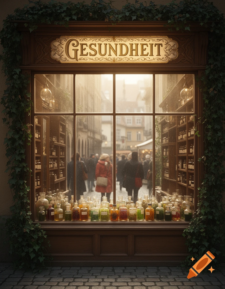 A charming old-fashioned shop window labeled "GESUNDHEIT" displays colorful bottles, framed by ivy, with people on a cobblestone street outside.