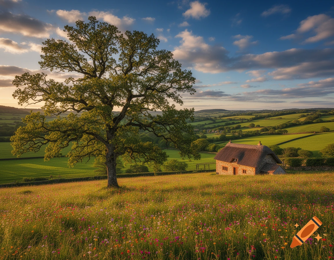 A picturesque photorealistic landscape with a large tree, a wildflower field, and a thatched cottage under a blue, cloudy sky.