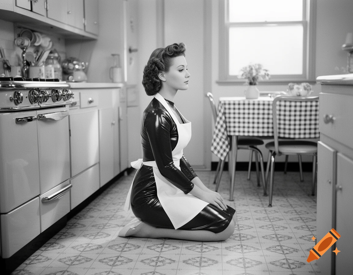 A woman in a shiny latex dress and white apron kneels on the floor of a 1950s-style kitchen, black and white photorealistic.