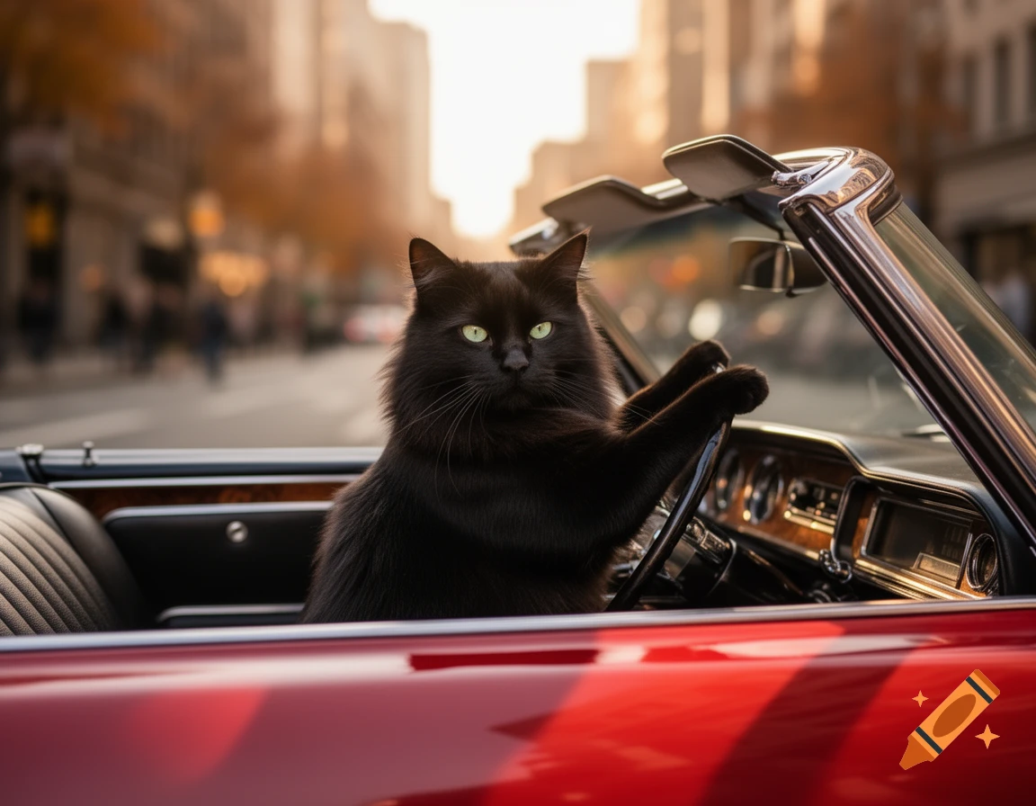 A fluffy black cat with bright green eyes drives a red convertible car down a city street in a photorealistic style.
