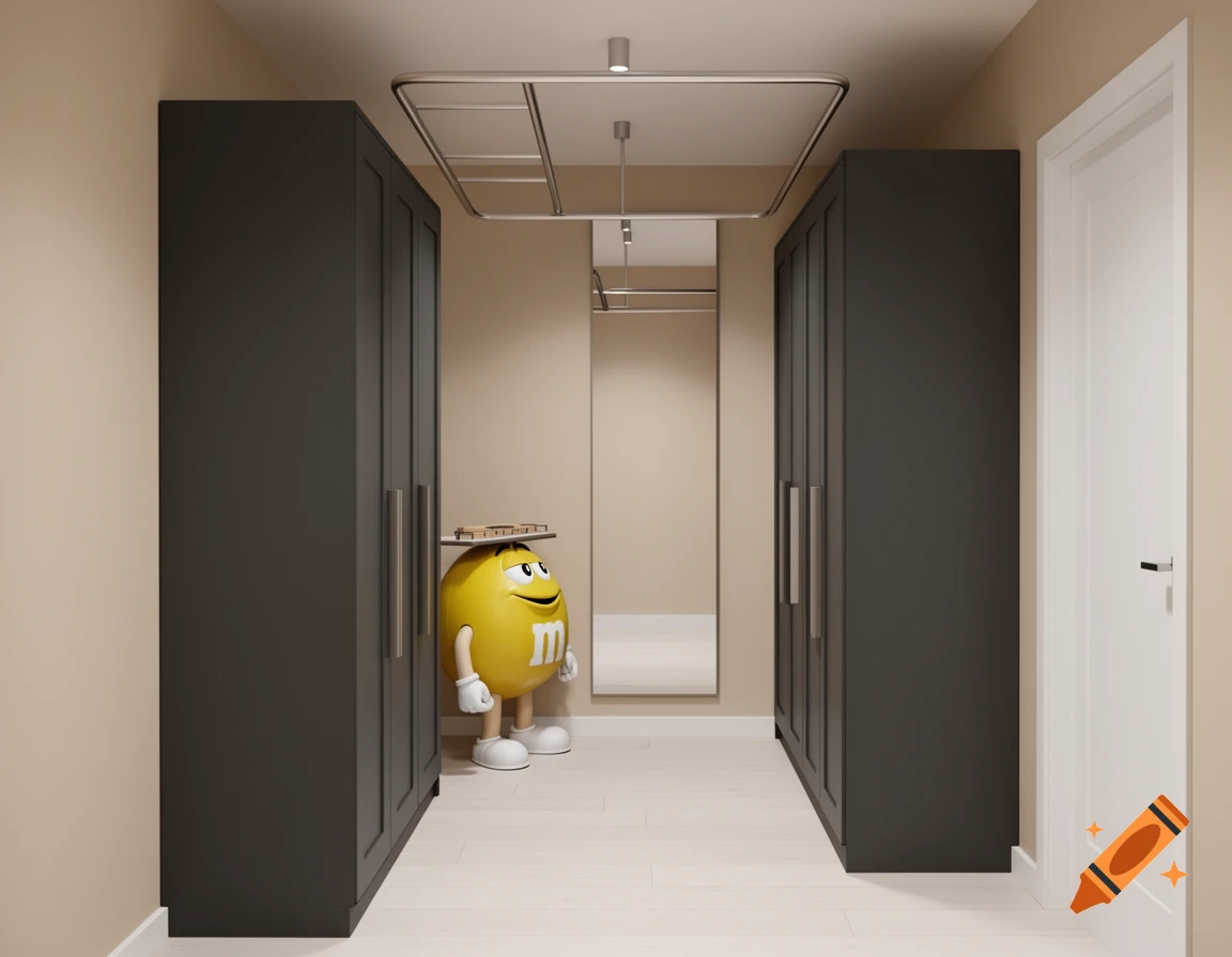 A modern hallway with dark grey wardrobes, a yellow M&M character holding a shelf on its head, a full-length mirror, and a ceiling-mounted clothes rack.