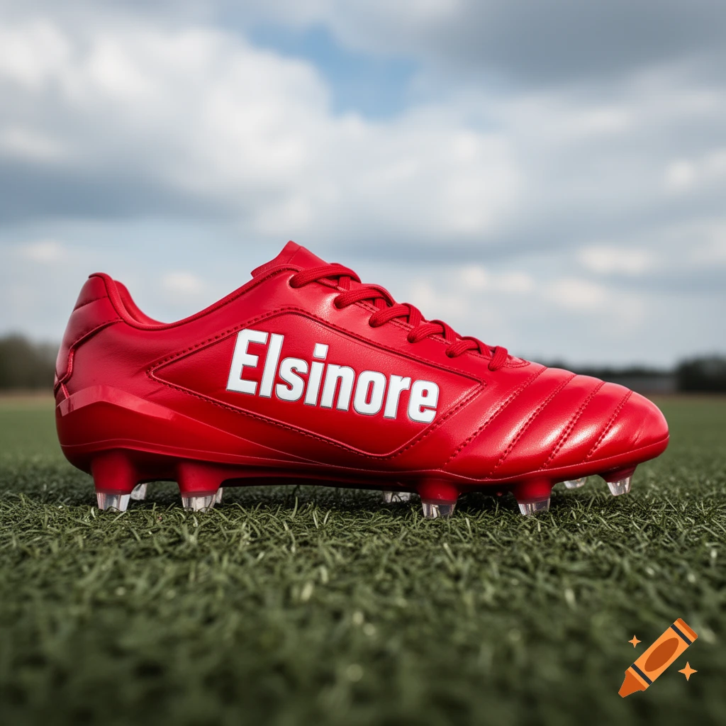 A vibrant red Elsinore soccer cleat stands on a green grass field under a partly cloudy sky.