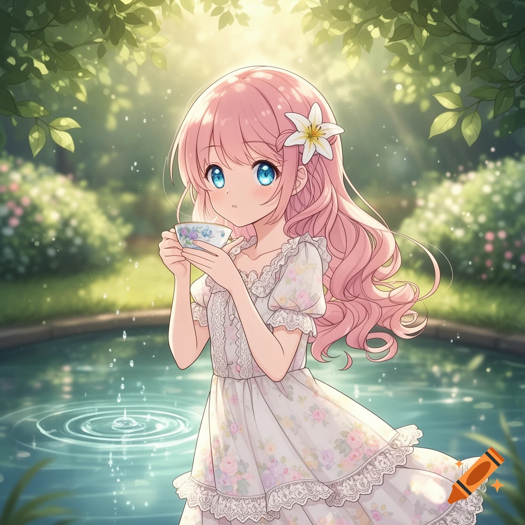 An anime girl with pink hair and blue eyes, wearing a floral dress and a lily in her hair, drinks from a teacup in a sunlit garden with water ripples.