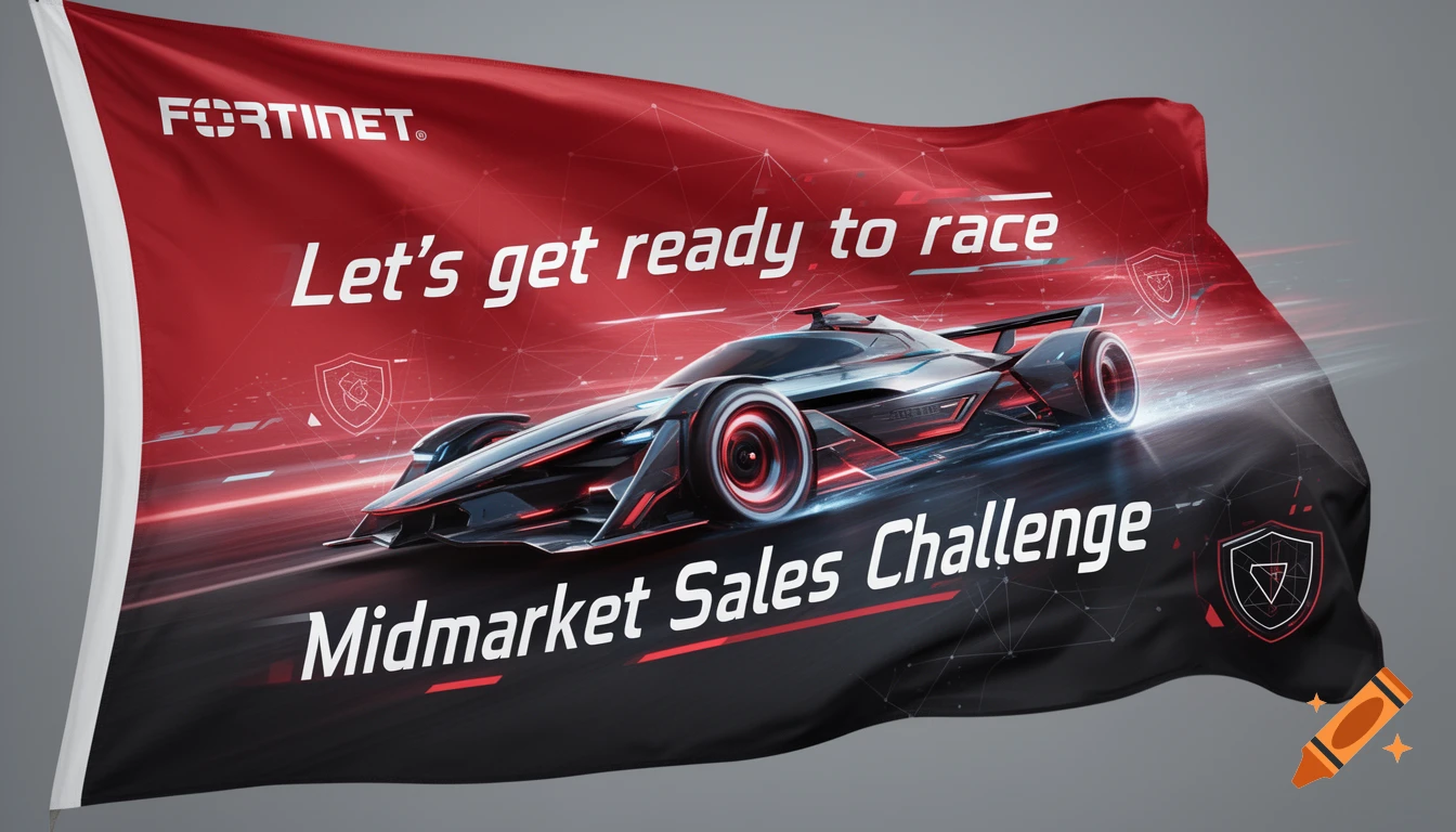A red and black Fortinet flag featuring a sleek, futuristic racing car, with the text 'Let's get ready to race' and 'Midmarket Sales Challenge'.