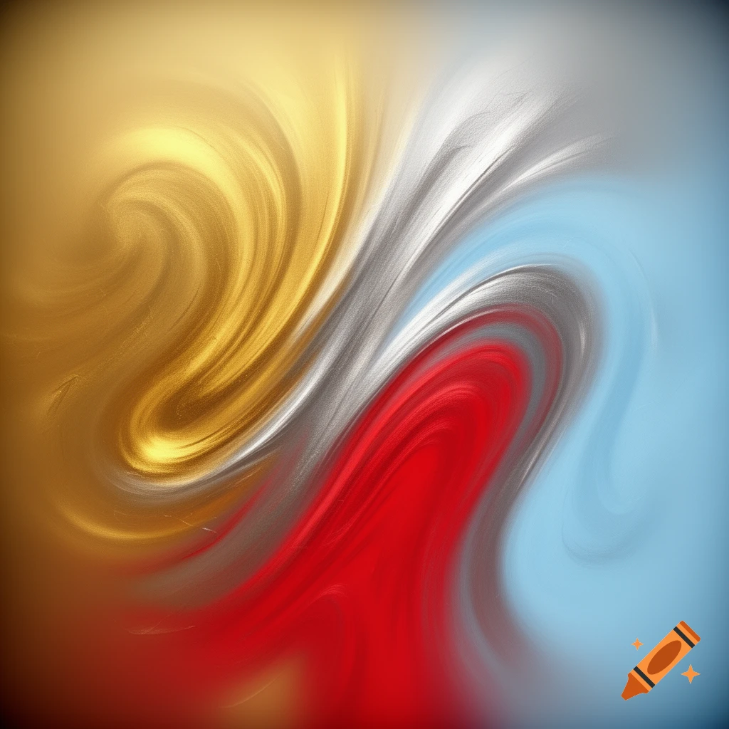 Abstract art featuring swirling transitions of gold, silver, red, and baby blue colors.