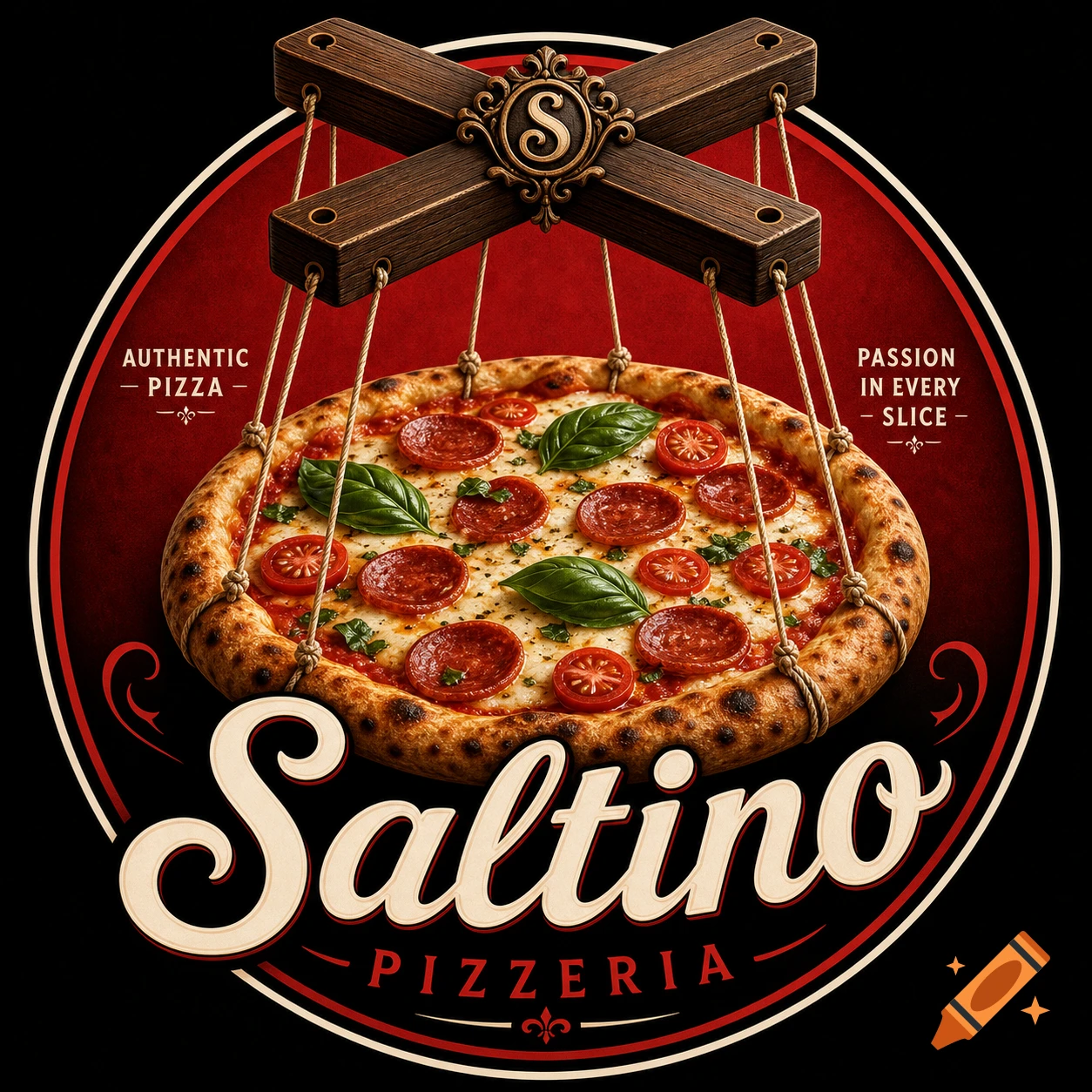 A detailed logo for Saltino Pizzeria, featuring a pepperoni and tomato pizza suspended by strings from a wooden marionette cross with an 'S'.